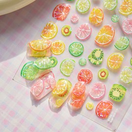 1sheets 5D Embossed Fruit Nail Stickers for Nail Art Self-Adhesive Summer Nail Art Stickers Colorful Lemon Orange Nail Decals Fruit Nail Design Supplies for Women Summer DIY Nails Decoration