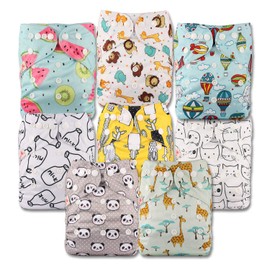 Littles & Bloomz, Reusable Pocket Cloth Nappy, Fastener: Popper, Set of 8, Patterns 802, Without Insert