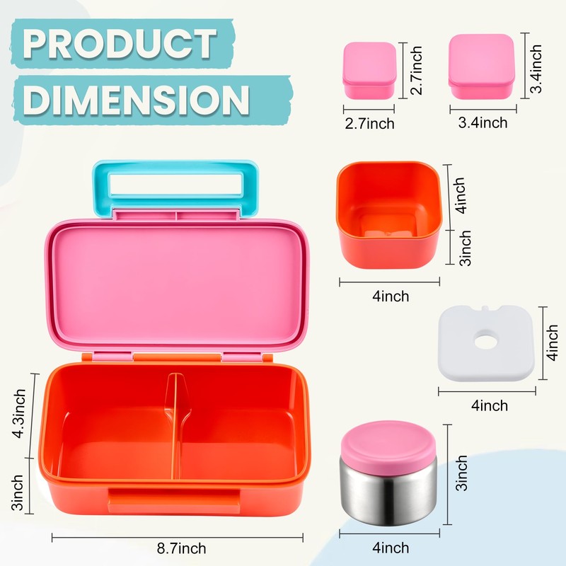PIQUEBAR Kids Lunch Bento Box with 8oz Thermo Ice Pack