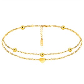 Kim Johanson Zoe Stainless Steel Women's Anklet in Silver, Gold & Rose Gold Double Row Anklet with Balls and Heart Pendant Coins Women Boho Jewellery Waterproof Adjustable Includes Jewellery Bag,