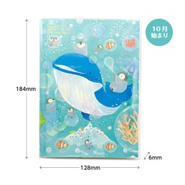 Close-pin Mano Yoshida Notebook, 2025 B6, Monthly Whale and Penguin Sea Blue Bubble SB96471 (Begins October 2024)