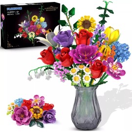 PLAXSOON Flower Bouquet Building Set Valentines Day,18 Flowers Rose Building Block 1015PC