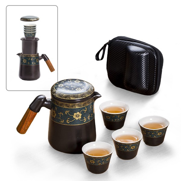 fanquare Black Glaze Porcelain Tea Set, Portable Tea Pot Set, Ideal for Tea Lovers at Home, Office and Party Use