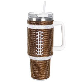 Cupcupmore 40oz America Football Bling Rhinestone Stainless Steel Tumbler Glitter Vacuum Insulated Water Bottle with Straw & Lid &Handle,Thermos for Hot & Cold Drinks,Sparkle Car Cup Holder,Coffee