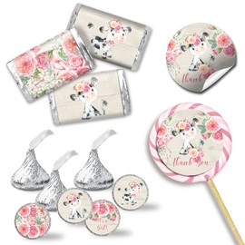 Watercolor Pink Floral Cow Baby Shower Sticker Bundle Kit - 429 pieces!!! Includes 60 2" Circle Stickers for Favors & Goodie Bags, 45 Mini Candy Bar Wrappers & 324 Round Candy Kiss Stickers by Amanda Creation