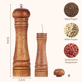 Pepper Grinder Pepper Mill,Adjustable Coarseness Wooden Peppermill, Retro Style Ceramic Grinding Mechanism Salt Mill Refillable(8 Inch)