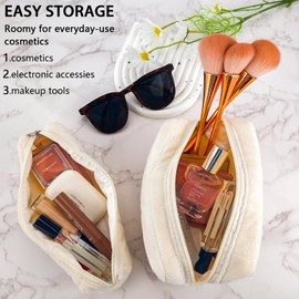 ZLFSRQ 2Pcs Makeup Bag for Women Cosmetic Pouch Travel Small Cosmetic Bag Set Cute Plush White Makeup Pouch Purse Portable Travel Makeup Bag Zippered Toiletry Bag Organizer Trendy Makeup Brushes Storage Bag