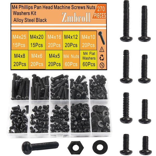 Zmbroll 270Pcs M4 Pan Head Screws M4x5/6/8/10/12/16/20/25mm Metric Machine Screws