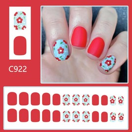 Red Press on Nails Short Square Fake Nails with Flower Leaf Designs Light Blue False Nails Cute Spring Artificial Nail Cute Full Cover Reusable Summer Glue on Nail for Women Girls Manicure 24pcs