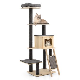 PETSITE 69" Tall Wooden Cat Tree Tower, Modern Cat Activity Center Tree with Sisal Posts & Scratch Board, Condo & Top Perch for Kitchen & Large Cat, Grey