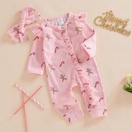 Newborn Baby Girl Christmas Outfit Waffle Knit Santa Candy Jumpsuit Romper Ruffle Bodysuit Long Overalls with Bow (Pink, Newborn)