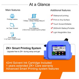 CHIKYTECH Mini Handheld Inkjet Printer, with 42ml Fast Dry Ink Cartridge, Direct Print on Any Surface for DIY Printing/QRcode/Barcode/Date/Logo/Batch Series Number etc.