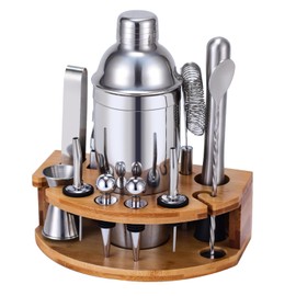 Cocktail Shaker Set Bartender Kit with Stand, 12 Piece Bar Set Drink Mixer Set with Stainless Steel Bar Accessories Tools: 25oz Martini Shaker Jigger Strainer Spoon Muddler for Cocktails (Silver)