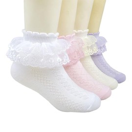 BGMINGYI Baby Girls Ruffle Lace Trims Socks 6 Pairs Toddlers Eyelet Mesh Princess Cotton Soft Dress Frilly Socks Kids 1-15T (CA/US, Age, 7 Years, 9 Years, Double Lace-4 Pcs Multicolor-1)