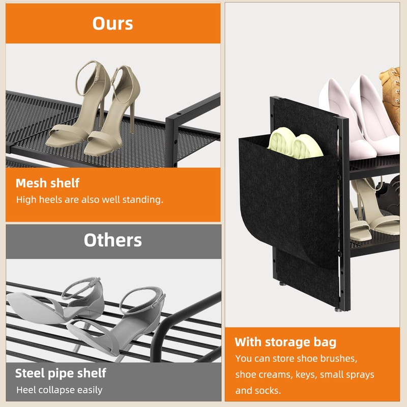 Shoe Rack with Side Pocket, Expandable 2-Tier Mesh Shoe Organizer