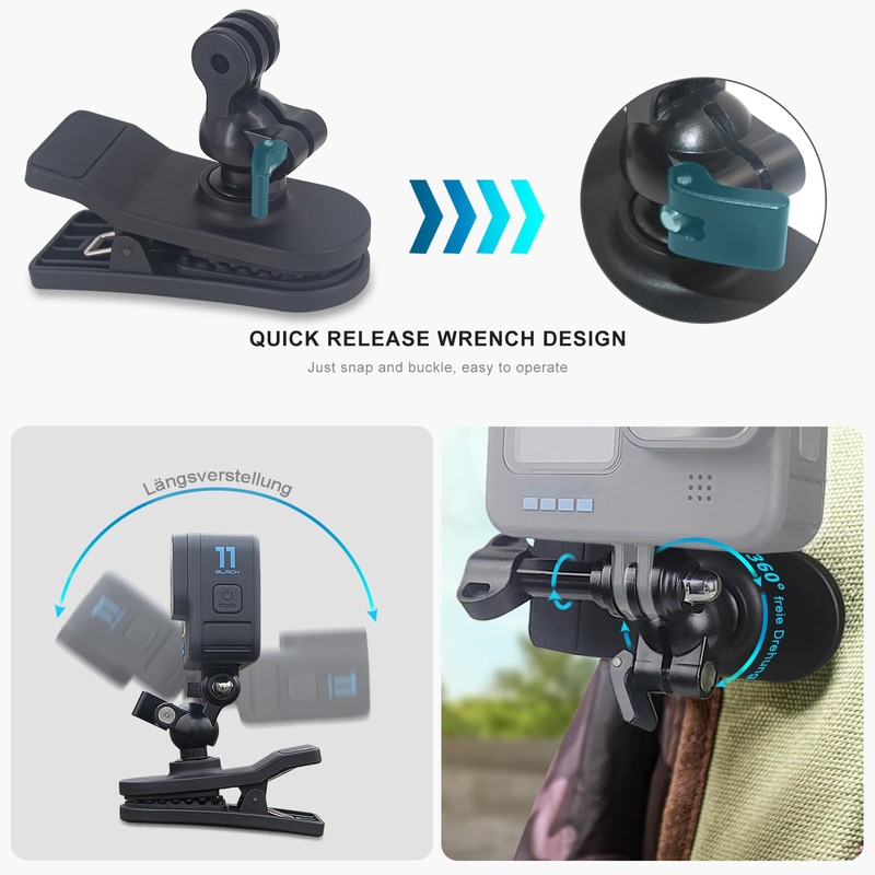 FiTSTILL Backpack Clip for Action Cameras, 360° Adjustable Ball Head,