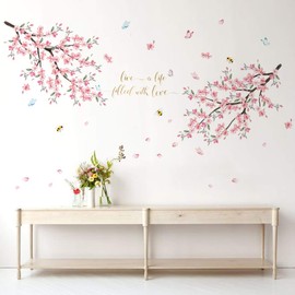 Runtoo Cherry Blossom Wall Decal Flower Tree Branch Wall Art Stickers Living Room Bedroom Wall Décor