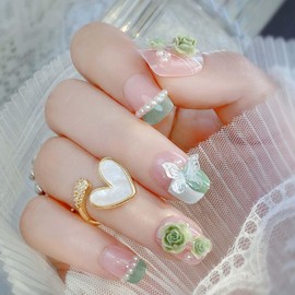 Hkanlre Medium Green Press on Nails Butterfly Fake Pearl Nails Tips Full Cover False Square Nails for Women and Girls 24PCS