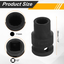 HARFINGTON 1/2" Drive x 11mm Shallow Impact Socket 12-Point Metric CR-V Steel Spindle Nut Impact Flip Sleeve for Home Auto Nuts Bolts Repair