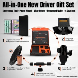 MOTO4X Gift for New Drivers & New Car Owners – Car Essentials Kit with Emergency Escape Tool, Vent Phone Holder, Visor Sunglass/Card Holder, Document Wallet & 4 Coasters – Premium Gift Box