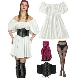 kasahara Pirate Costume Women Set 4pcs Medieval Pirate Off Shoulder Dress Summer Outfit Dress with Corset, Stocking, Headscarf (White, M)