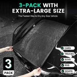 TEAWOO 3-Pack Microfiber Towels for Cars, Super Absorbent Car Drying Towel, Extra Large Car Towel (600GSM, 24" x 35")