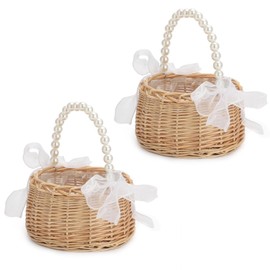 2PCS Flower Girl Basket, Small Easter Baskets, Wedding Flower Girl Basket with Pearl Handle and Ribbon Bow, Rustic Elegant Wedding Baskets for Outdoor Picnic Home Wedding Decoration