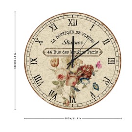 Flower Clock France Country Rustic Style Wall Clock Vintage Floral Wood Clock Round Farmhouse Wall Clock Non Ticking Silent Wooden Home Decor for Bedroom Bathroom Kitchen Living Room 12 Inch