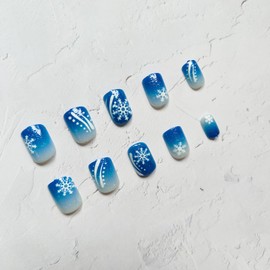 Christmas Press on Nails Short Square Fake Nails with Snowflake Designs Blue Glitter False Nails Full Cover Stick on Nails Winter Artificial Nails for Women Winter Xmas Glue on Nails 24Pcs