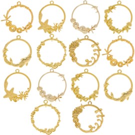 SUNNYCLUE 1 Box 28Pcs 7 Styles Sea Open Bezel Charms Gold Bezel Charm Bulk Metal Alloy Summer Ocean Theme Dolphin Starfish Whale Shell Pendants for Jewelry Making Necklace Bracelet Earrings DIY Craft