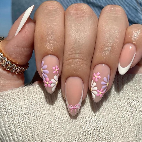 Medium Press on Nails French Tip Fake Nails Almond False