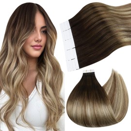 Ugeat Ombre Hair Extensions Tape in Human Hair Dark Brown to Medium Brown Mix Light Blonde Balayage Remy Hair Extensions Tape in Real Human Hair Extensions Short 12inch 20Pcs 30G