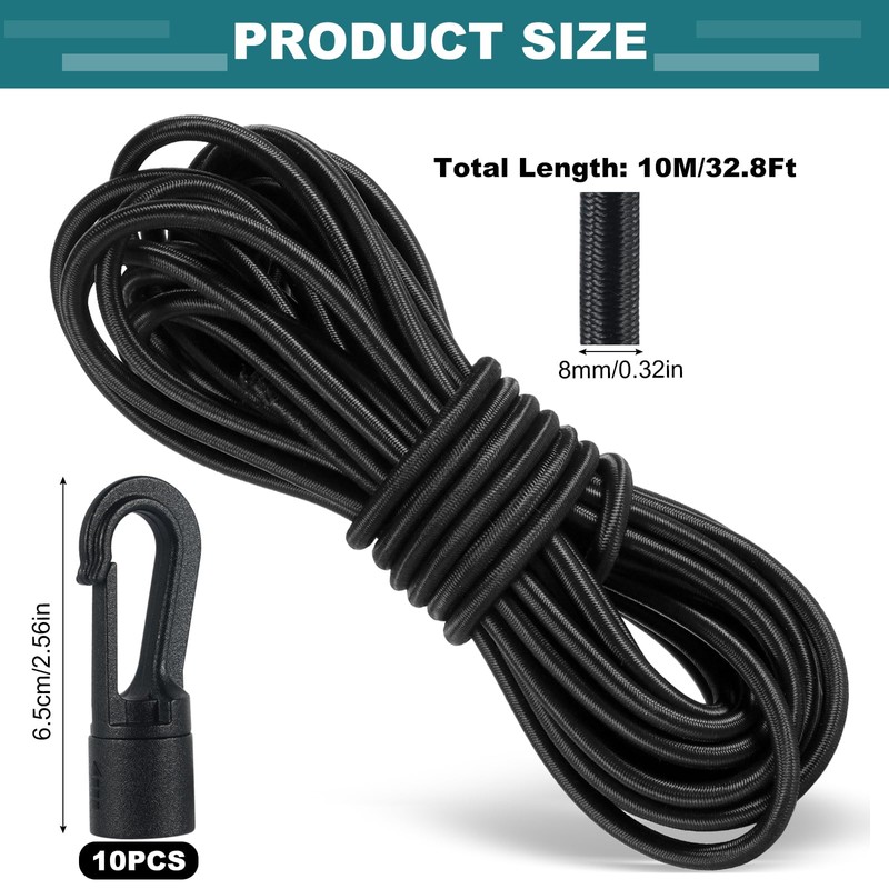 TAIXING 10M Elastic Cord, 8 mm Elastic Bungee Cord, Black