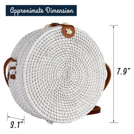 Natural NEO White Round Rattan Bag Shoulder Leather Straps | Wicker Hand Woven Beach Bags for Women | Straw Bag Boho Circle Crossbody Shoulder Purse In Summer Vacation With Flower Pattern