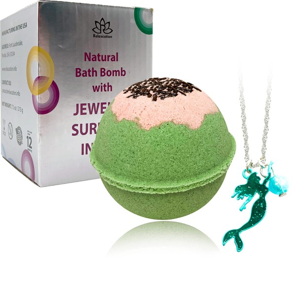 Jewelry Bath Bomb with "Mermaid Necklace" Inside - Natural and Safe for Sensitive Skin -"Be Delicious Blossom" Sweet Floral Scent - Surprise Gift for Women with Jewelry Inside
