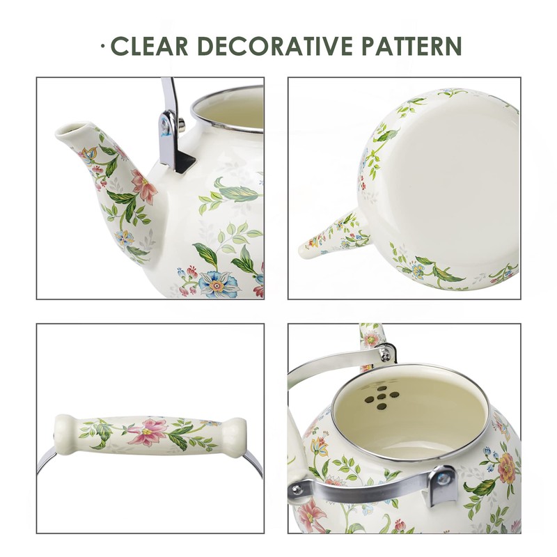 OLYTARU Enamel Teapot floral,Large Porcelain Enameled Teakettle,Colorful Water Tea Kettle