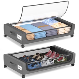 ROUTTOON Large Under Bed Storage with Wheels, Under Bed Storage Containers, Under Bed Shoe Storage Organizer, Rolling Underbed Storage Containers for Bedroom Clothes Shoes Blankets, 2 Pack, Grey