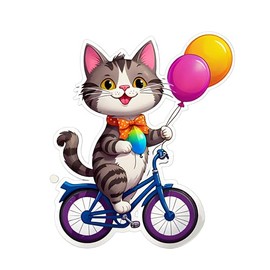 Cute Hello Cat on Bicycle Decorative 5 inches Vinyl Decal Sticker, Cartoon Design with Balloons, Die-Cut,SUV, Van, Window, Bumper, Wall, Laptop, Tablet, Cup,Tumbler Or Any Smooth Surface