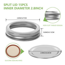 15Pcs 70mm/2.76" Canning Lids with Rings Regular Mouth for Canning Jars, Split Lids and Rings Food Grade Material, 100% Fit & Airtight for Regular Mouth Jars (15Ring+15Lids)