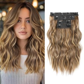 NTYNTY Hair Extensions, 14" Short Clip in Hair Extensions 4PCS Beach Wave Blonde Natural Soft Synthetic Hairpiece for Women - Light Brown with Highlights