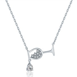 MYANAIL Wine Glass Pendant Necklace,Cubic Zircon Water Drop Cup Clavicle Necklace (Silver)