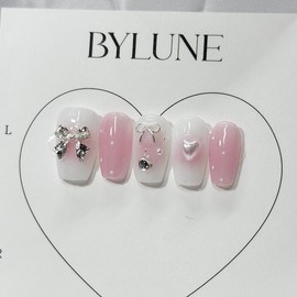 Pink Ribbon Handmade Nail Tips Nail Tips - Almond / 핑크리본 수제네일팁 네일팁 - 아몬드