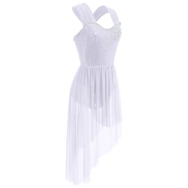 AFAVOM Sequin Flower Lyrical Dance Dress for Women Adult Contemporary Dance Costume Halter Backless Cross Straps Leotard with High Low Flowy Mesh Skirt Lyrical Dancewear Ballet Outfit White S