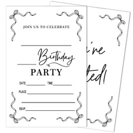 SIXEIGHT Black Bow Birthday Decorations, Black Ribbon Bow Birthday Party Invitations, 20 Party Invitations with Envelopes for Girls Boys, Bows Decorations Supplies, 4"x6"-A15