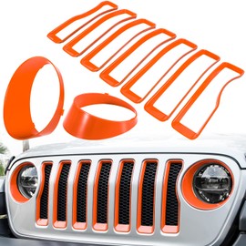 Front Grille Mesh Inserts & Headlight Cover for Jeep Wrangler JL JLU Unlimited Sport/Sports 2018-2023 Exterior Accessories Clip-in Grille Guard Cover Headlight Bezels Trim Ring (Orange 9PCS)