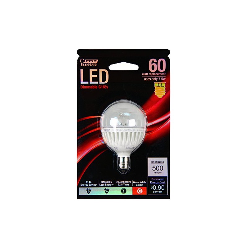 Feit Electric G16.5 Light Bulb, 60W Equivalent, E12 Candelabra Base,