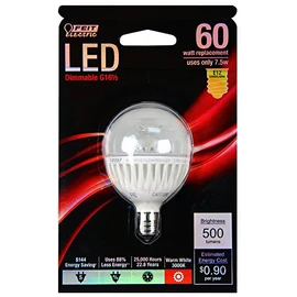 Feit Electric G16.5 Light Bulb, 60W Equivalent, E12 Candelabra Base, Dimmable, 500 Lumens, 3000K Warm White, 25,000-Hour Lifetime, Ideal for Lanterns or Ceiling Fixtures, BPG161/2CLDM/500/LED