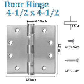 3 Pack 4.5 X 4.5 Inches Heavy Duty Commercial Door Hinges, Thickness 3 mm Stainless Steel, Silent Steel Ball Bearing Door Hinge with Square Corners for Residential Doors with 48 Screws