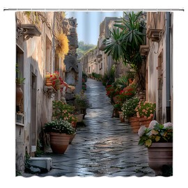 MSAYNFG Italy Scenery Shower Curtain Street View Mediterranean Plants Garden Tuscany Vintage Fabric Bathroom Decor Set with Hooks(70" Wx70 H)