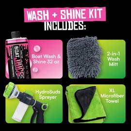 Boat Juice Boat Wash Kit | pH Neutral Soap Boat Cleaner | HydroSuds Sprayer, 2in1 Wash Mitt, XL Microfiber Towel | Bubble Gum Scent | Marine Detailing & Cleaning | Made in USA (32oz)